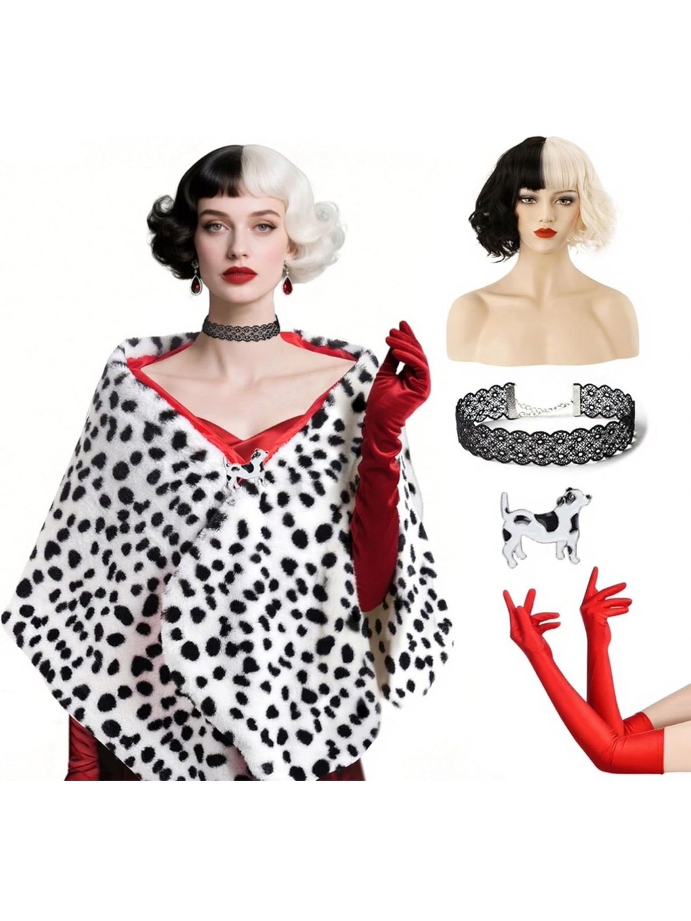 Black and White Cruella-Inspired Costume Cape with Red Gloves and Accessories